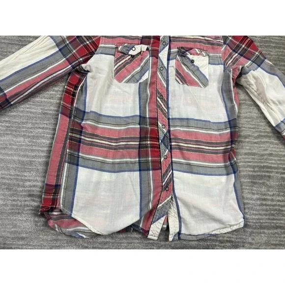 Arizona Top Womens Small Multicolor Plaid Metallic Snap Up Roll Tab Long Sleeve - Picture 3 of 12